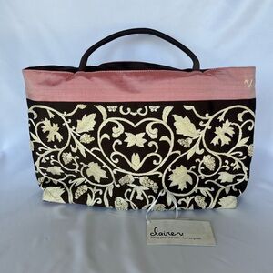 Clare V Pink Brown Silk Petit Tote Damask French Provincial Small Shoulder Bag